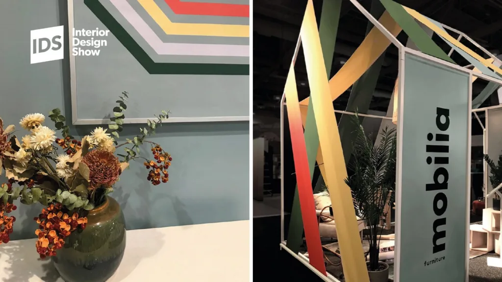 Détails du kiosque Mobilia : bouquet et bannière aux bandes colorées
