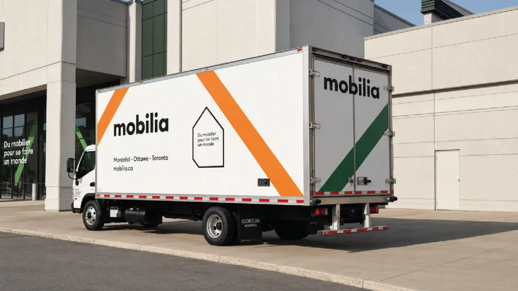 Camion de livraison blanc aux couleurs de Mobilia