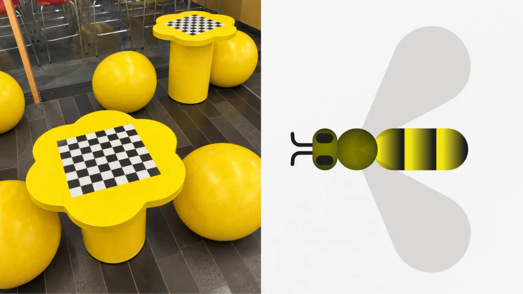 Tables champignons jaunes au plateau en damier, à côté d'une abeille graphique