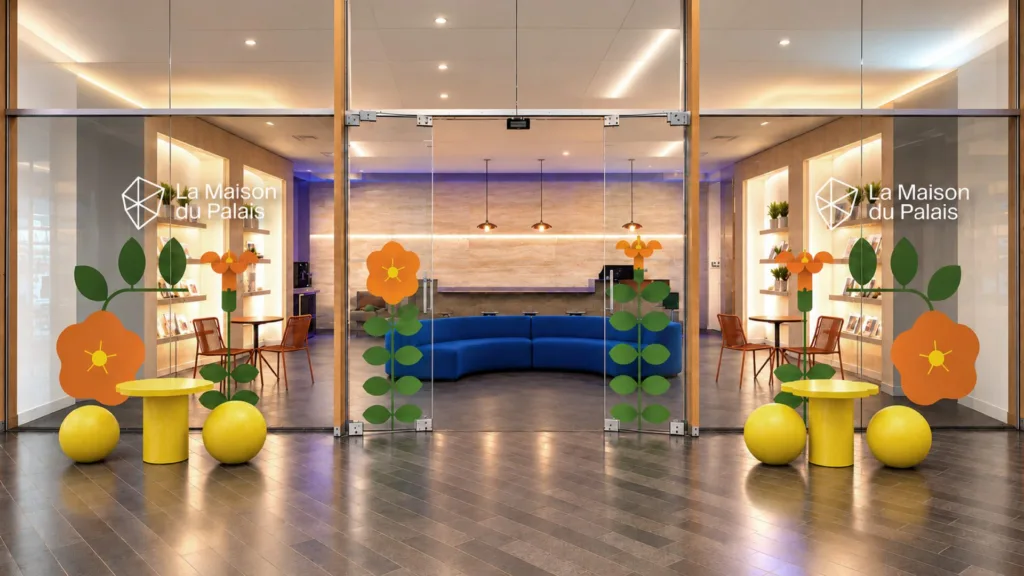 Entrée vitrée décorée de fleurs graphiques, avec mobilier jaune et banquette bleue au fond