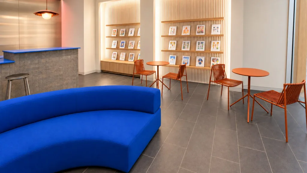 Espace d'accueil avec banquette bleue courbe, étagères de produits et chaises orange