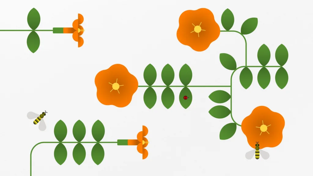 Illustration de tiges fleuries orange et de feuilles vertes, avec une abeille