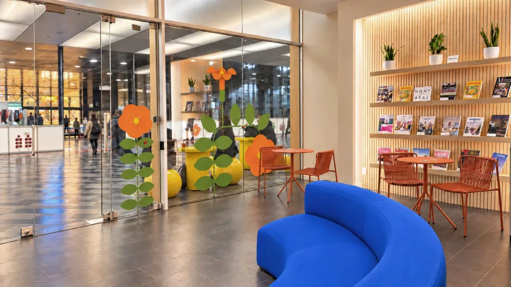 Vitrine fleurie ouverte sur un espace d'accueil avec banquette bleue et présentoirs