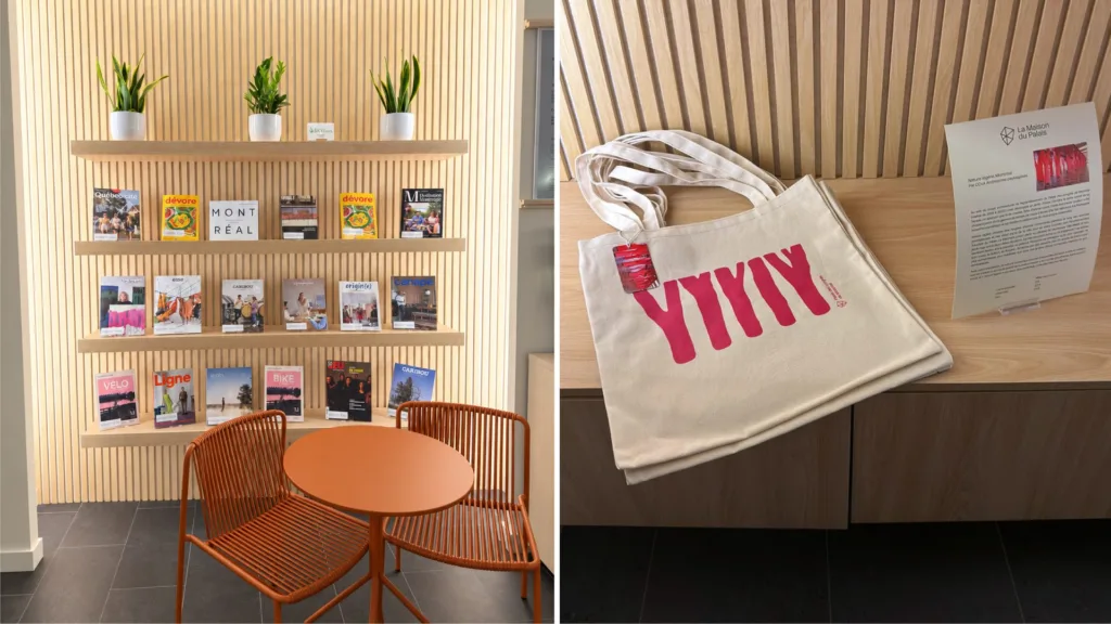 Étagères de produits dérivés et sac fourre-tout au motif rose du Palais