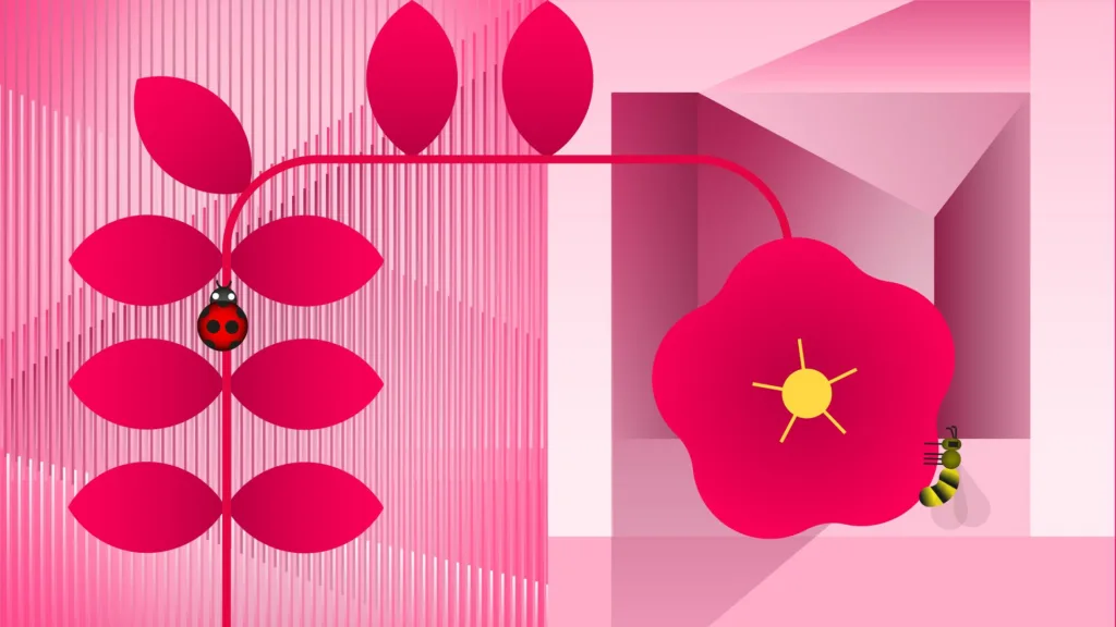 Fleur rouge et feuillage rose stylisés, inspirés de la verrière