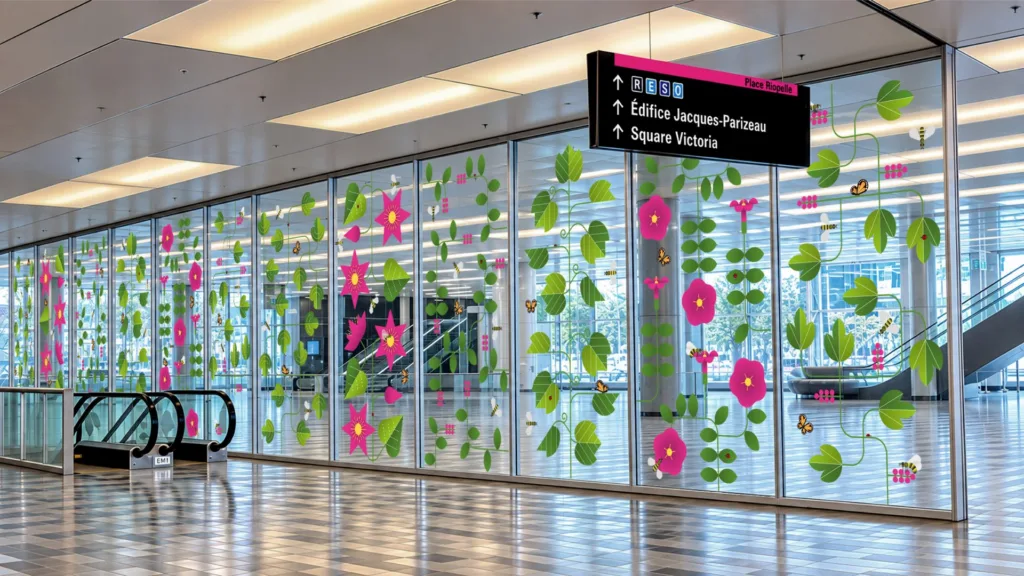 Vitrage du hall couvert de fleurs graphiques roses et vertes, près des escaliers mécaniques