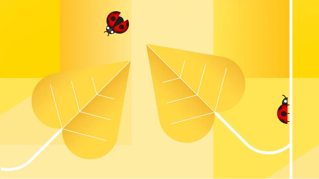 Feuilles jaunes stylisées et coccinelles sur fond jaune