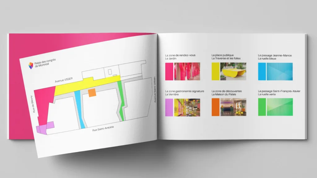 Carnet ouvert montrant le plan des espaces et leurs couleurs