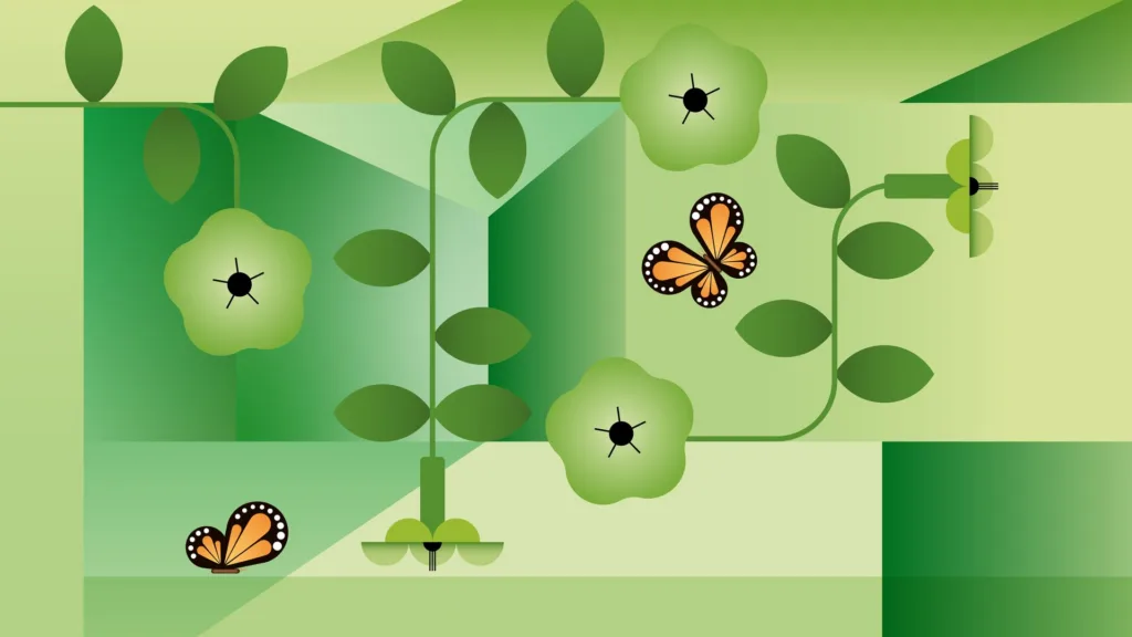 Jardin graphique vert : fleurs, feuilles et papillons orange