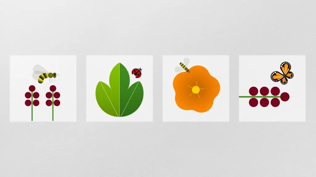 Quatre pictogrammes : abeille sur fleur, feuilles, fleur orange et papillon