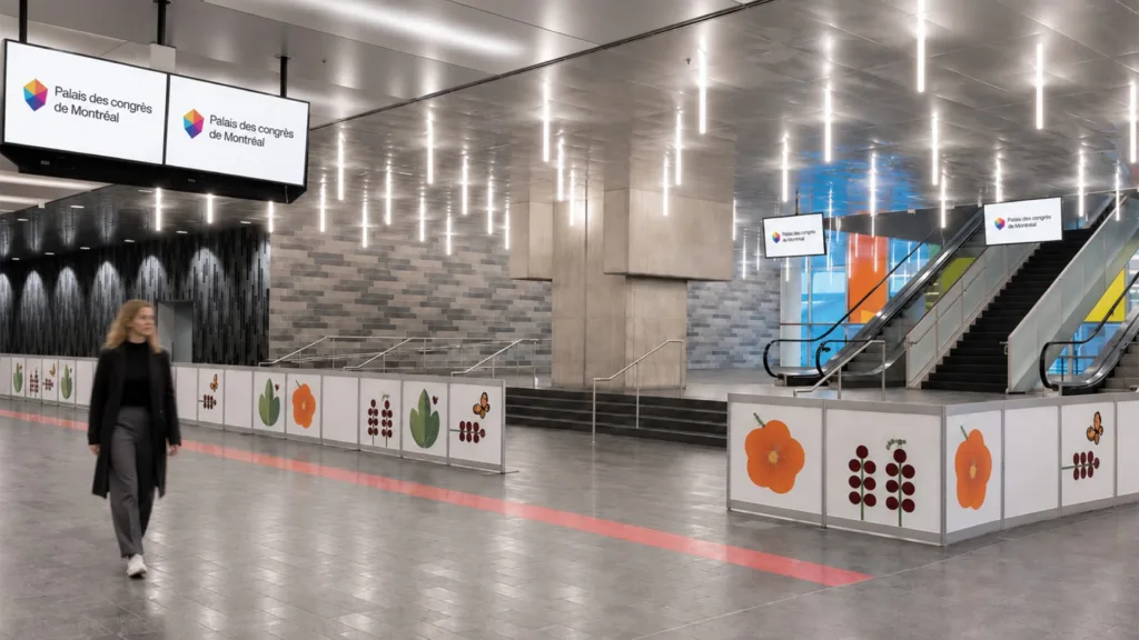Hall d'entrée avec comptoirs habillés de fleurs orange et signalétique suspendue