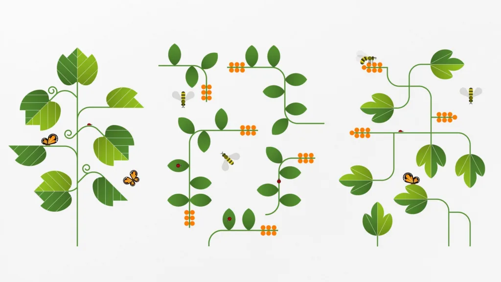 Trois compositions de tiges vertes, feuilles et petits insectes