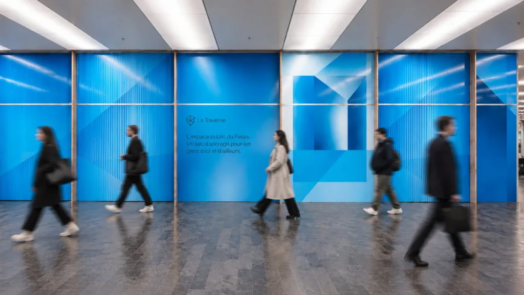 Passants dans un corridor aux panneaux bleus lumineux