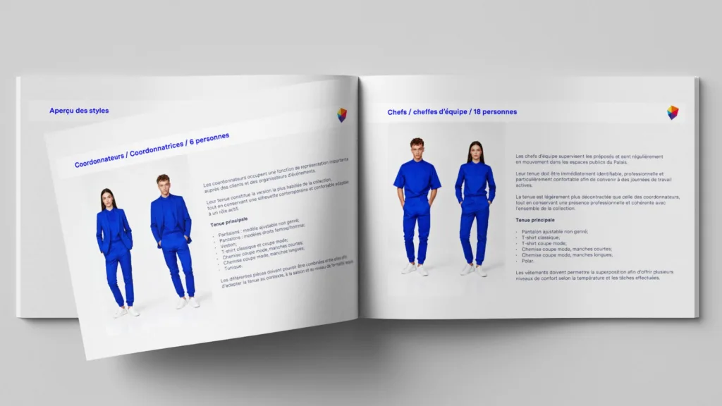Guide des uniformes ouvert présentant des employés en tenue bleue