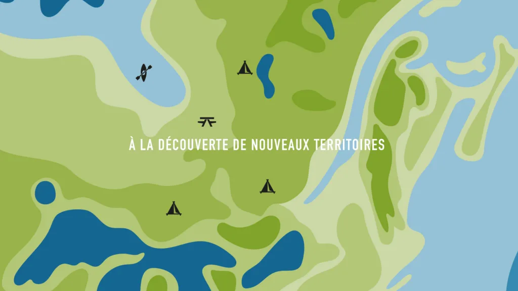 Carte topographique stylisée avec le message « À la découverte de nouveaux territoires »