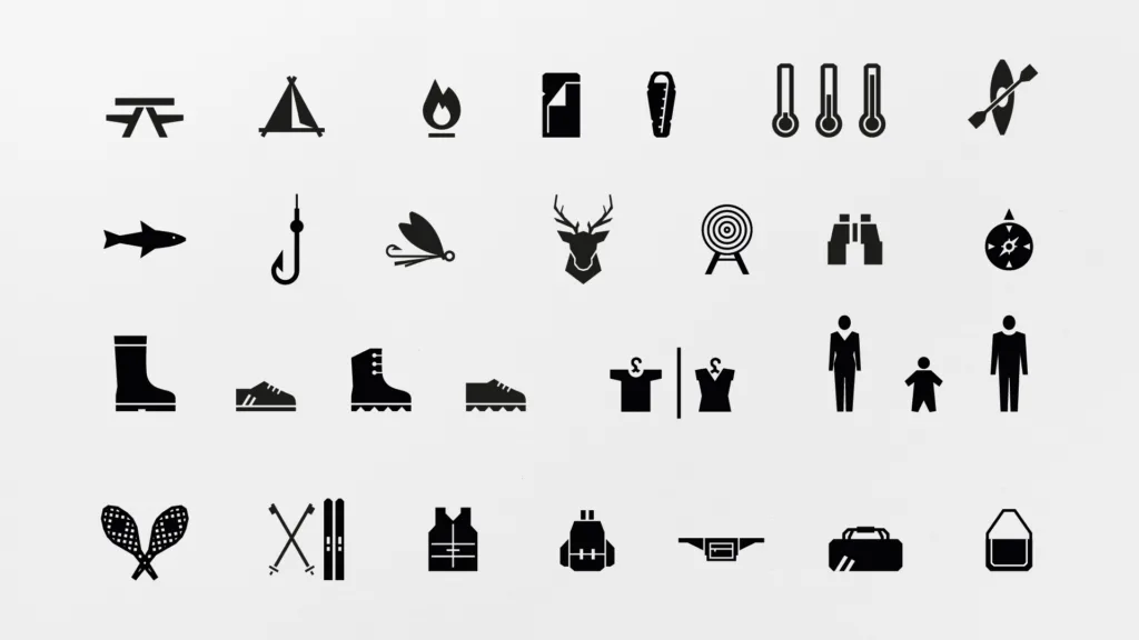 Série de pictogrammes plein air : camping, pêche, chasse, randonnée et vêtements