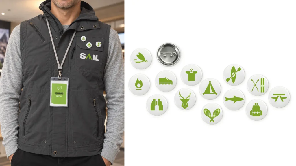 Employé en veste SAIL avec écusson, et macarons aux pictogrammes