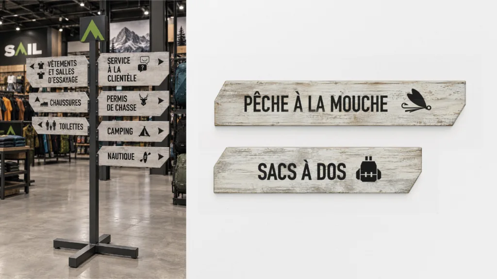 Panneaux directionnels en bois indiquant les rayons, dont « Pêche à la mouche »