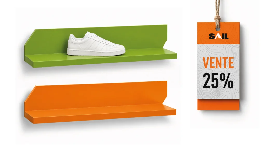 Tablettes vertes et orange, et étiquette « Vente 25 % »