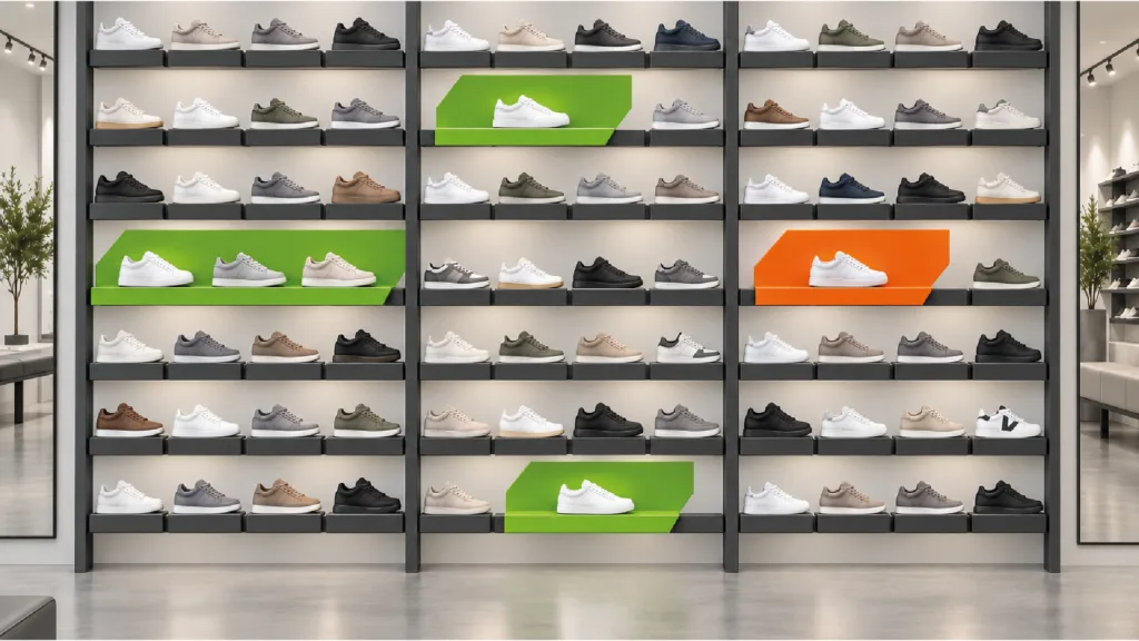 Mur de chaussures de plein air avec affichettes vertes et orange