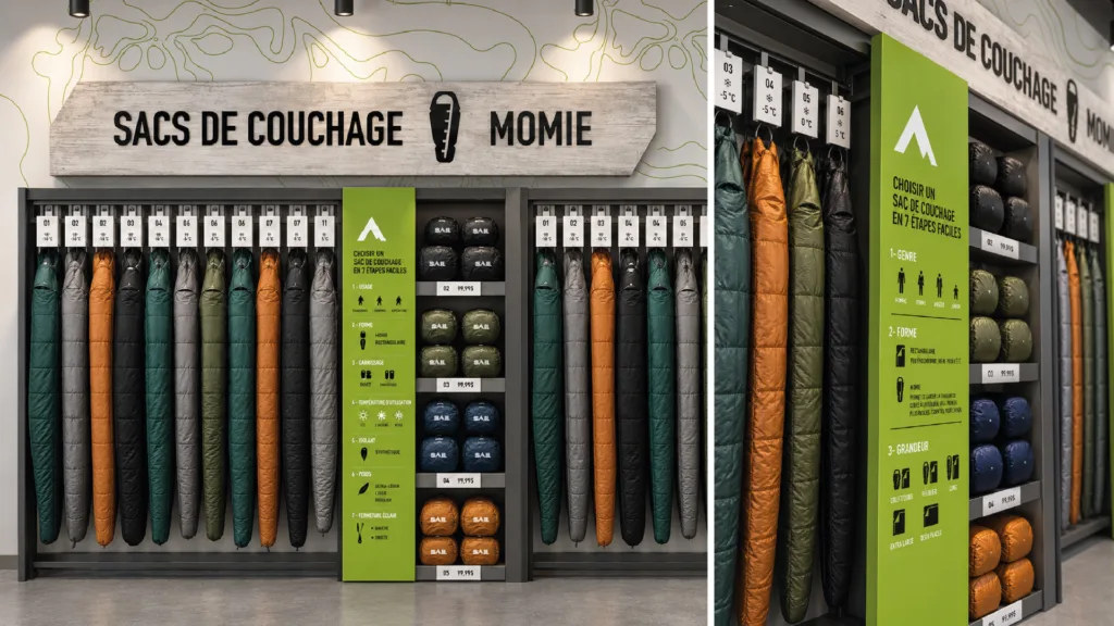 Rayon des sacs de couchage avec signalétique verte