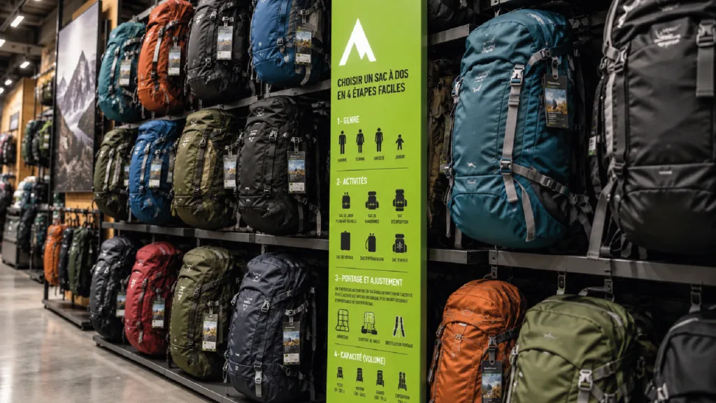 Mur de sacs à dos avec panneau d'information vert