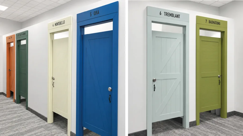 Cabines d'essayage aux portes de couleur, vertes, bleues et blanches