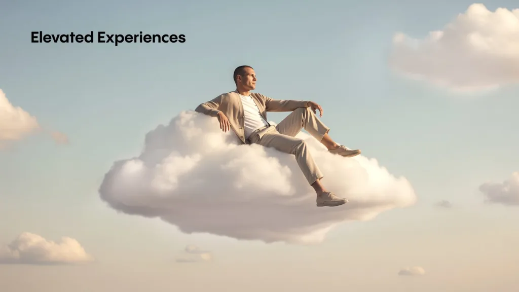 Homme assis sur un nuage, titre « Elevated Experiences »