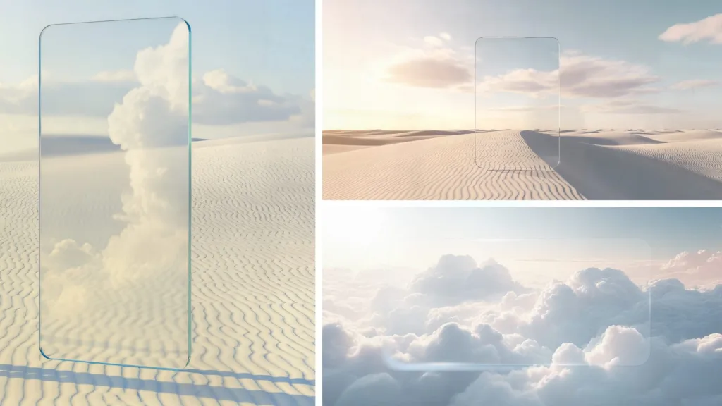 Panneaux de verre liquide dans un paysage de dunes et de nuages